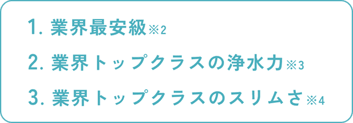 1.業界最安級、2.業界トップクラスの浄水力、3.業界トップクラスのスリムさ