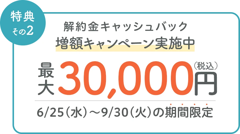 特典その2 乗り換え特典 最大30,000円（税込）解約金キャッシュバック